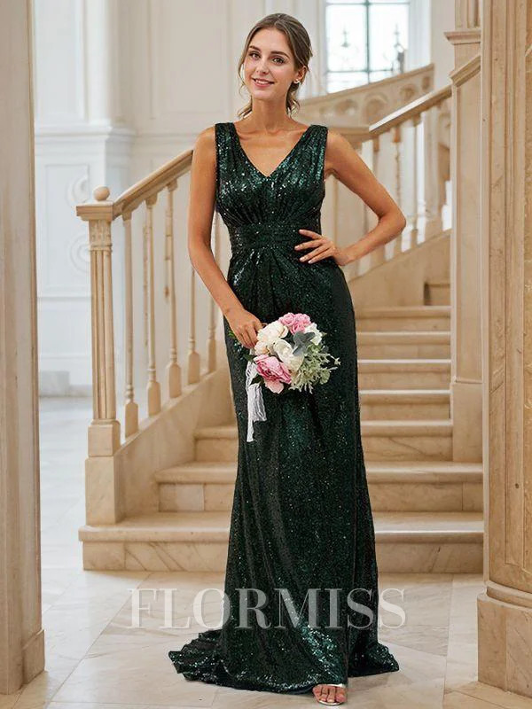 Sheath/Column Sequins Ruched V-neck Sleeveless Sweep Train Bridesmaid Dresses