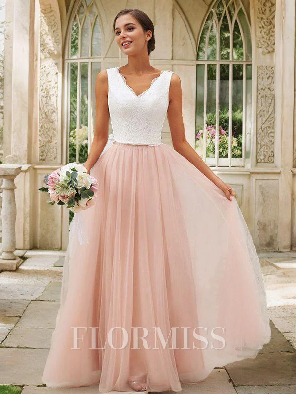 A-Line/Princess Tulle Lace V-neck Sleeveless Floor-Length Bridesmaid Dresses