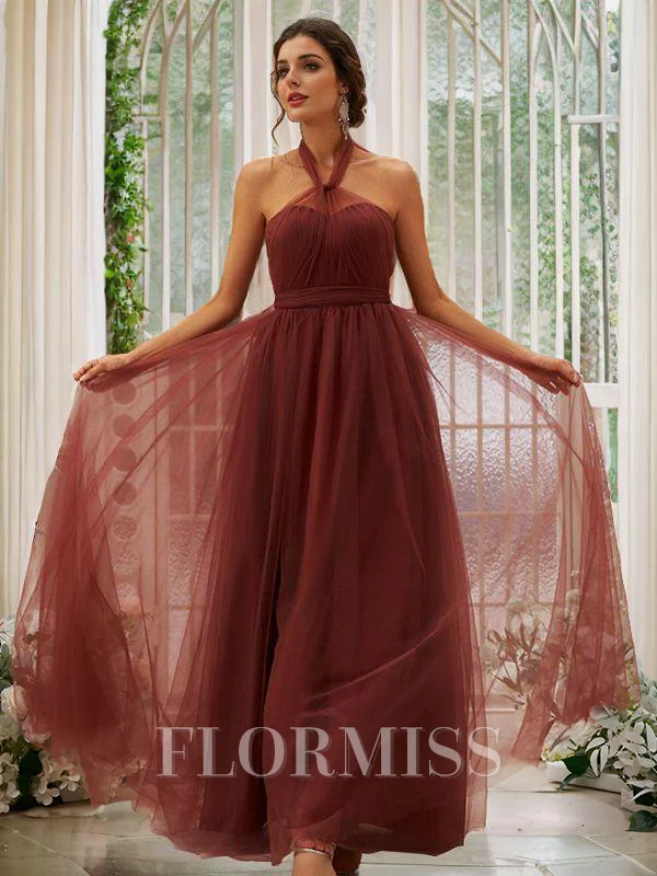 A-Line/Princess Tulle Ruffles Halter Sleeveless Floor-Length Bridesmaid Dresses