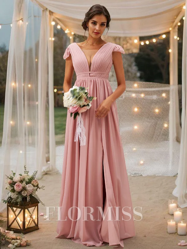 A-Line/Princess Chiffon Ruffles V-neck Sleeveless Sweep Train Bridesmaid Dresses