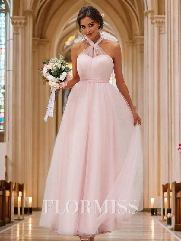 A-Line/Princess Tulle Ruffles Halter Sleeveless Floor-Length Bridesmaid Dresses