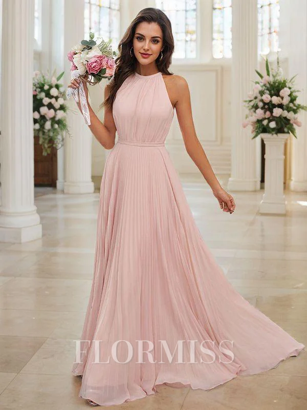 A-Line/Princess Chiffon Ruffles Halter Sleeveless Floor-Length Bridesmaid Dresses