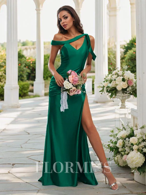 Sheath/Column Polyester Ruched Off-the-Shoulder Sleeveless Sweep Train Bridesmaid Dresses