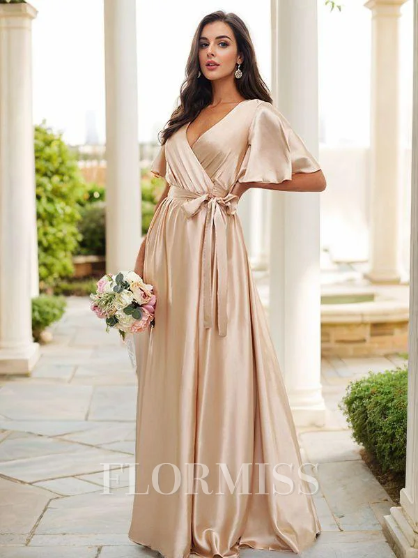 A-Line/Princess Silk like Satin Sash/Ribbon/Belt V-neck Short Sleeves Floor-Length Bridesmaid Dresses