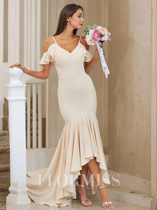 Trumpet/Mermaid Stretch Crepe Ruffles V-neck Sleeveless Asymmetrical Bridesmaid Dresses
