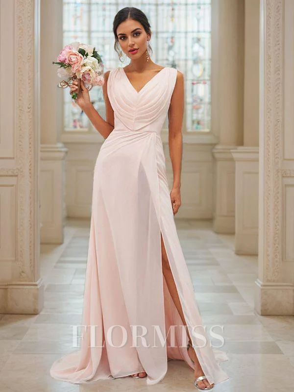 A-Line/Princess Chiffon Ruched V-neck Sleeveless Sweep Train Bridesmaid Dresses