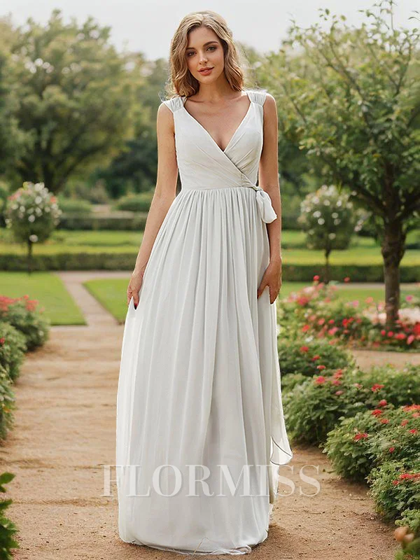 A-Line/Princess Chiffon Ruffles V-neck Sleeveless Floor-Length Bridesmaid Dresses