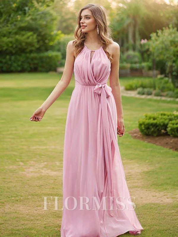 A-Line/Princess Chiffon Ruffles Halter Sleeveless Sweep Train Bridesmaid Dresses