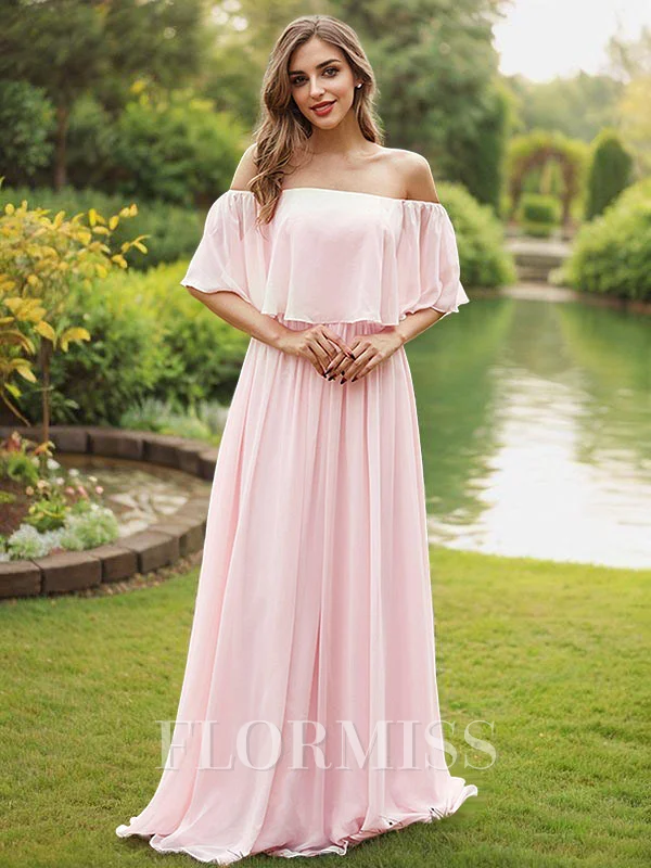 A-Line/Princess Chiffon Ruffles Off-the-Shoulder Short Sleeves Sweep Train Bridesmaid Dresses
