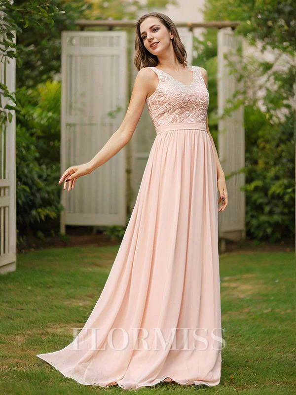 A-Line/Princess Chiffon Lace V-neck Sleeveless Floor-Length Bridesmaid Dresses