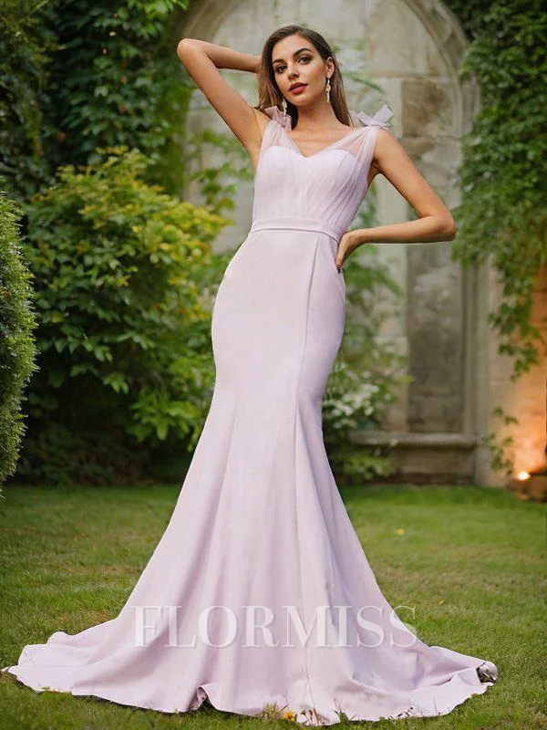 Trumpet/Mermaid Stretch Crepe Ruched V-neck Sleeveless Sweep Train Bridesmaid Dresses