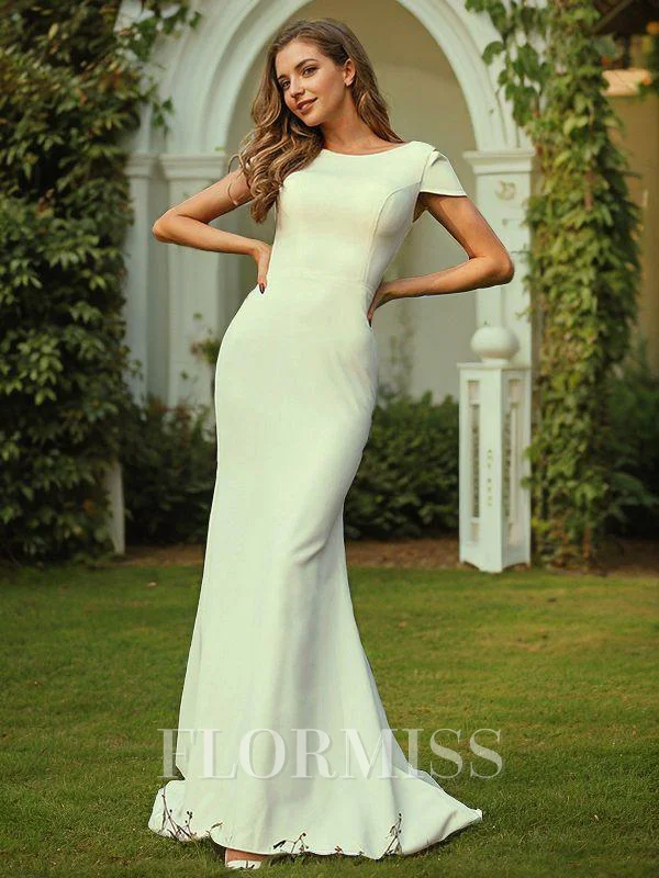 Sheath/Column Stretch Crepe Ruched Scoop Short Sleeves Sweep Train Bridesmaid Dresses
