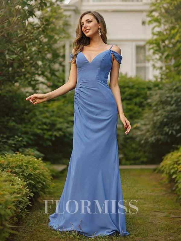 Sheath/Column Chiffon Ruched V-neck Sleeveless Floor-Length Bridesmaid Dresses