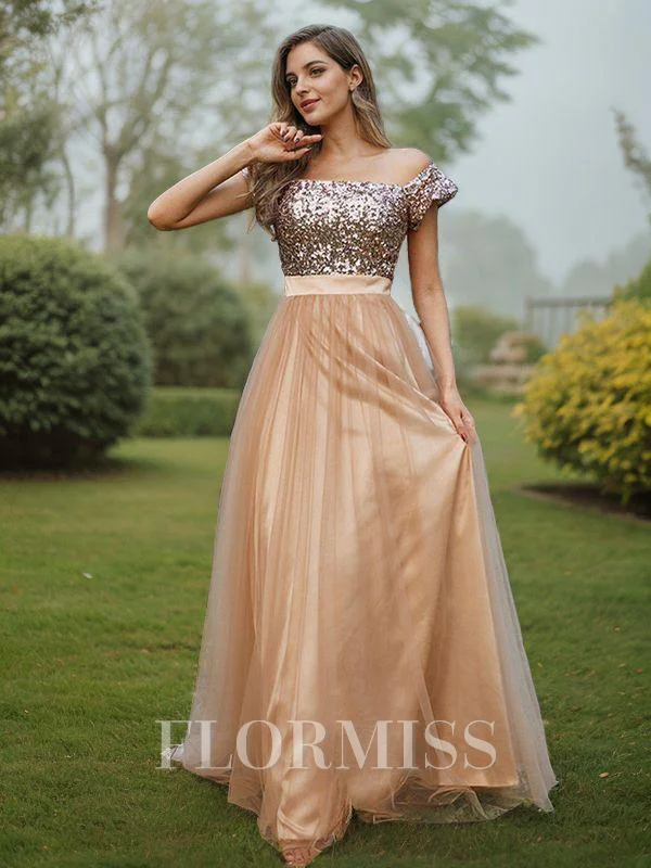 A-Line/Princess Tulle Sequin Off-the-Shoulder Sleeveless Floor-Length Bridesmaid Dresses