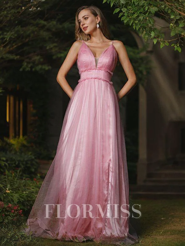 A-Line/Princess Tulle Ruffles V-neck Sleeveless Sweep Train Bridesmaid Dresses