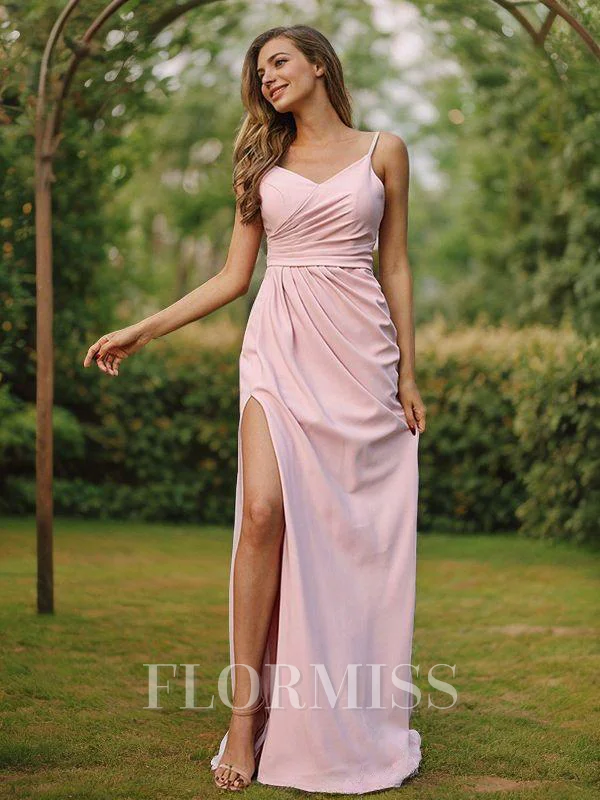 A-Line/Princess Stretch Crepe Ruched V-neck Sleeveless Sweep Train Bridesmaid Dresses