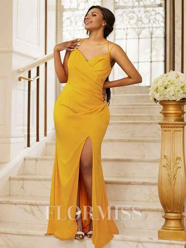 Sheath/Column Jersey Ruched Spaghetti Straps Sleeveless Sweep Train Bridesmaid Dresses