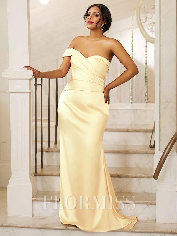 Sheath/Column Silk Like Satin Ruched One-Shoulder Sleeveless Sweep Train Bridesmaid Dresses