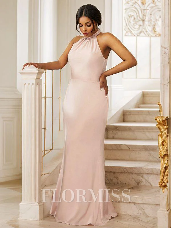 Sheath/Column Silk like Satin Ruched Halter Sleeveless Floor-Length Bridesmaid Dresses