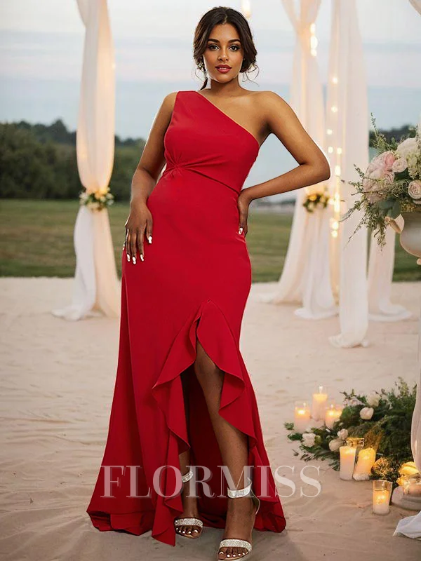Sheath/Column Stretch Crepe Ruched One-Shoulder Sleeveless Sweep Train Bridesmaid Dresses