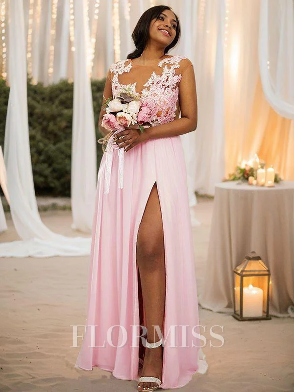A-Line/Princess Chiffon Applique Scoop Sleeveless Floor-Length Bridesmaid Dresses