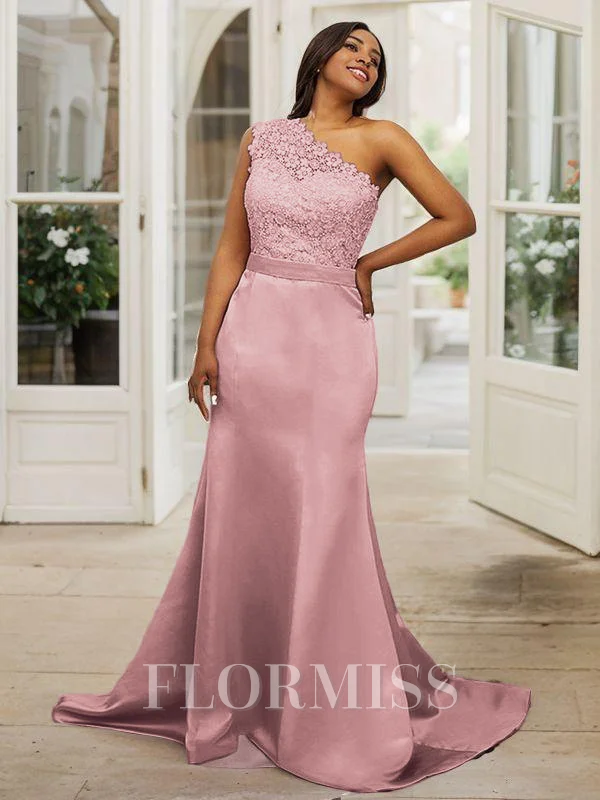 Sheath/Column Satin Lace One-Shoulder Sleeveless Sweep Train Bridesmaid Dresses