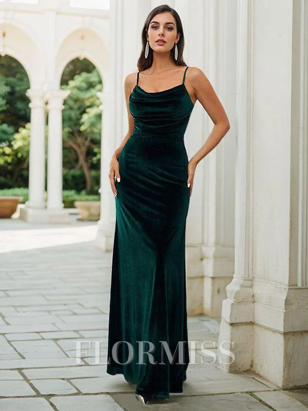 Sheath/Column Velvet Ruched Spaghetti Straps Sleeveless Floor-Length Bridesmaid Dresses