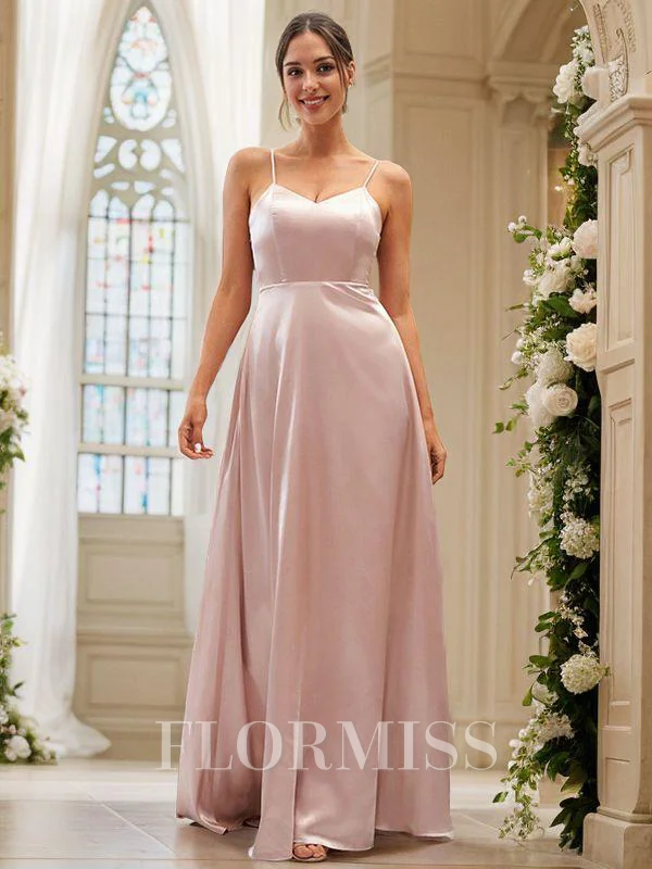 A-Line/Princess Silk like Satin Ruffles V-neck Sleeveless Floor-Length Bridesmaid Dresses