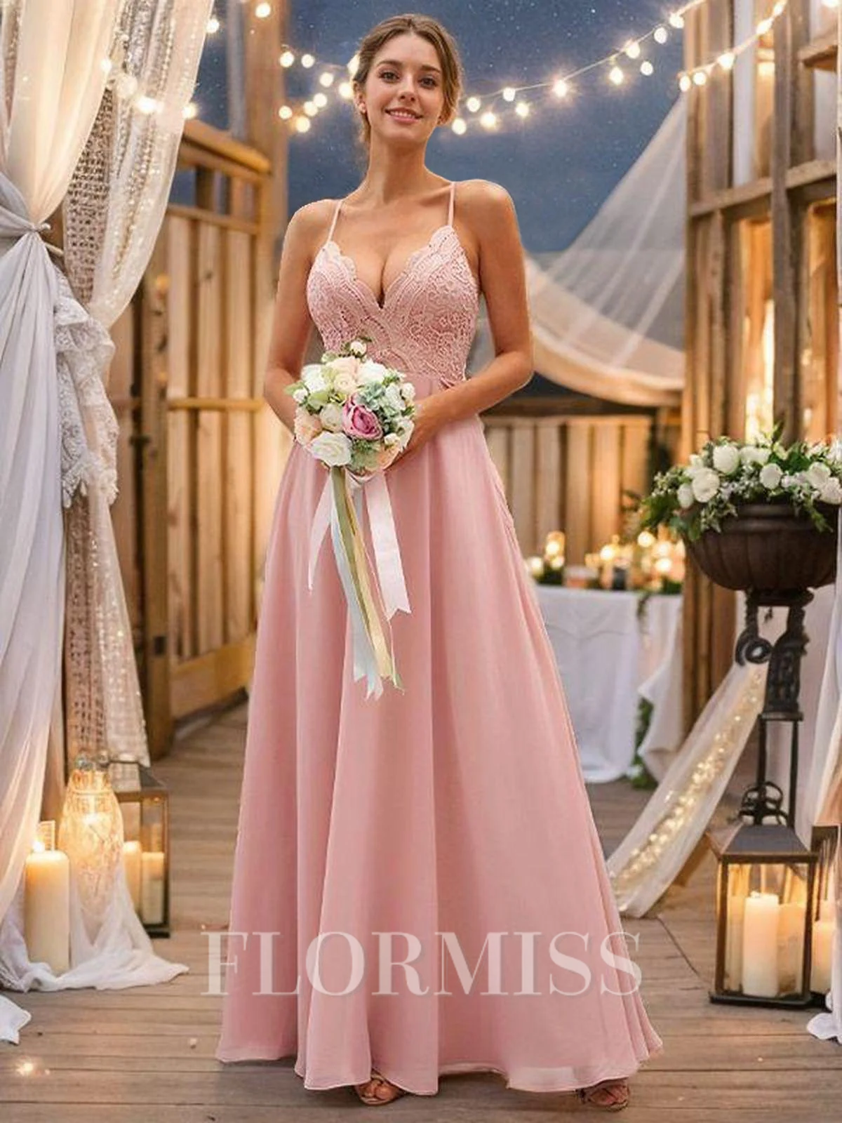 A-Line/Princess Chiffon Lace V-neck Sleeveless Floor-Length Bridesmaid Dresses