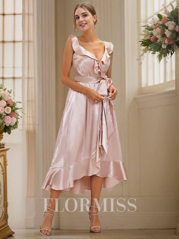 A-Line/Princess Silk like Satin Ruffles V-neck Sleeveless Tea-Length Bridesmaid Dresses
