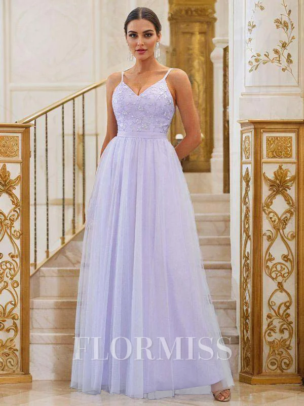 A-Line/Princess Tulle Applique V-neck Sleeveless Floor-Length Bridesmaid Dresses