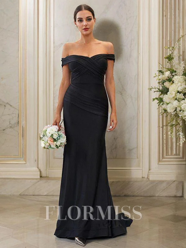 Sheath/Column Jersey Ruched Off-the-Shoulder Sleeveless Sweep Train Bridesmaid Dresses