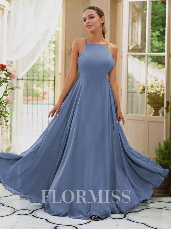 A-Line/Princess Chiffon Ruffles Halter Sleeveless Floor-Length Bridesmaid Dresses