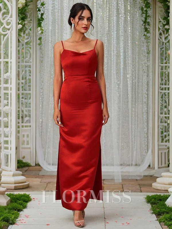 Sheath/Column Satin Ruched Spaghetti Straps Sleeveless Ankle-Length Bridesmaid Dresses