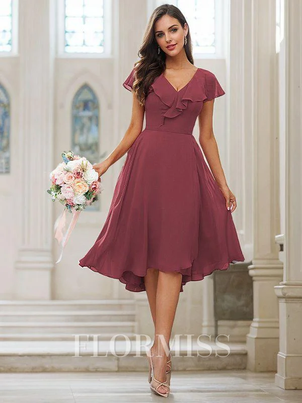 A-Line/Princess Chiffon Ruffles V-neck Short Sleeves Asymmetrical Bridesmaid Dresses