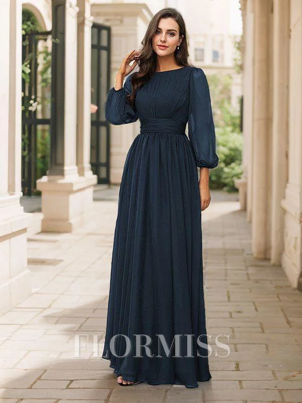 A-Line/Princess 30D Chiffon Ruffles Scoop Long Sleeves Floor-Length Bridesmaid Dresses