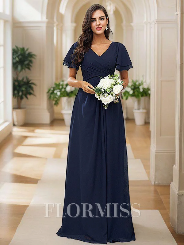 A-Line/Princess Chiffon Ruffles V-neck Short Sleeves Floor-Length Bridesmaid Dresses
