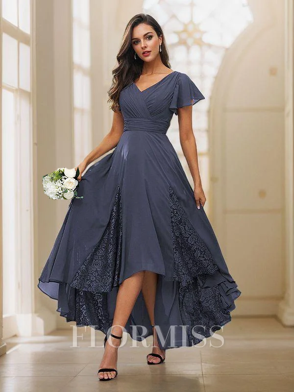 A-Line/Princess Chiffon Lace V-neck Short Sleeves Asymmetrical Bridesmaid Dresses