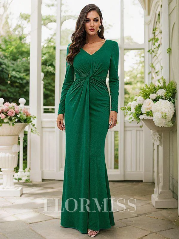 Sheath/Column Jersey Ruched V-neck Long Sleeves Floor-Length Bridesmaid Dresses