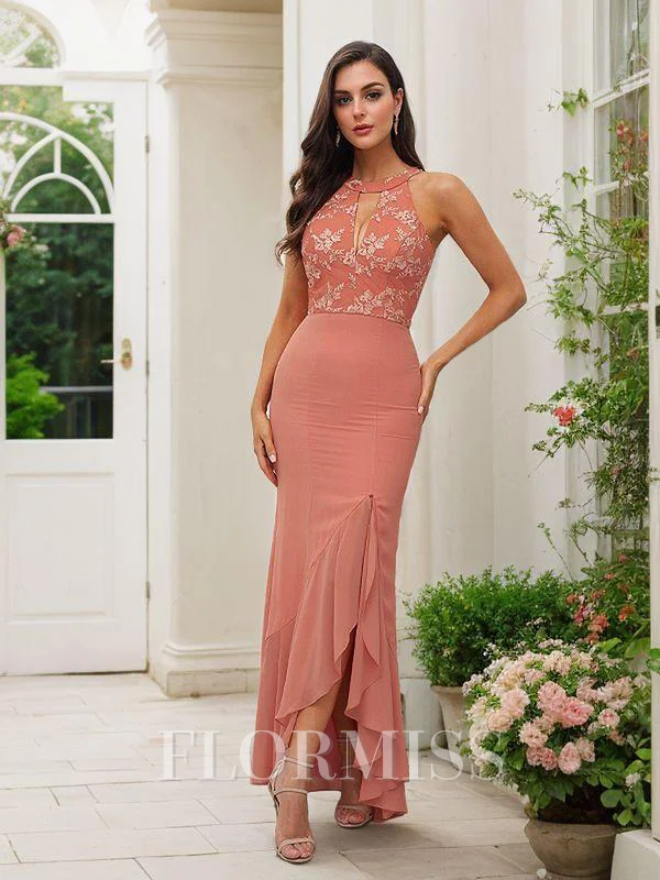 Sheath/Column Chiffon Lace Halter Sleeveless Asymmetrical Bridesmaid Dresses