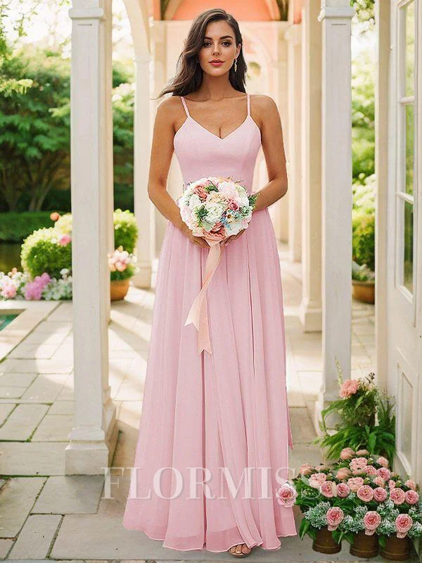 A-Line/Princess Chiffon Ruffles V-neck Sleeveless Floor-Length Bridesmaid Dresses