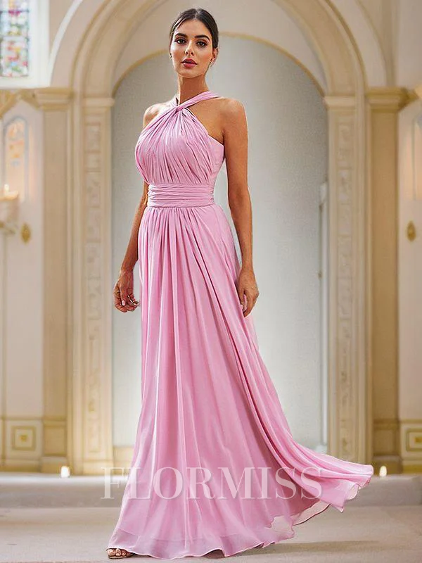 A-Line/Princess Chiffon Ruched Halter Sleeveless Floor-Length Bridesmaid Dresses