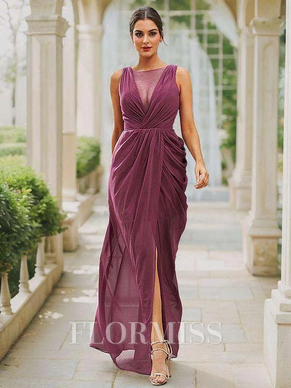 Sheath/Column Chiffon Ruched Scoop Sleeveless Floor-Length Bridesmaid Dresses