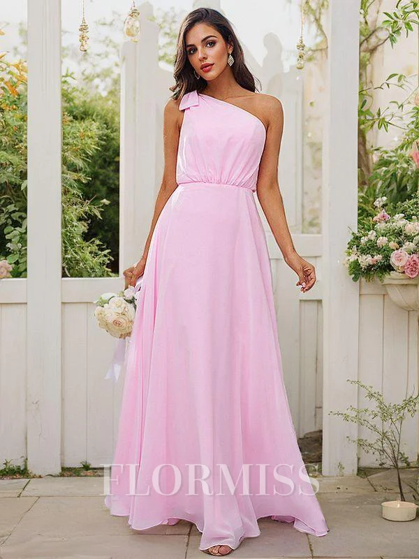 A-Line/Princess Chiffon Bowknot One-Shoulder Sleeveless Floor-Length Bridesmaid Dresses
