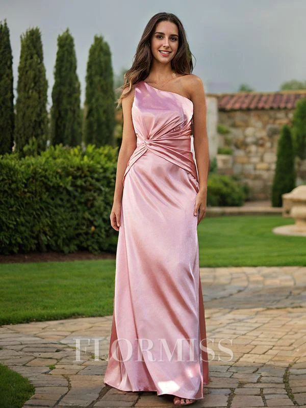 Sheath/Column Silk Like Satin Ruched One-Shoulder Sleeveless Floor-Length Bridesmaid Dresses