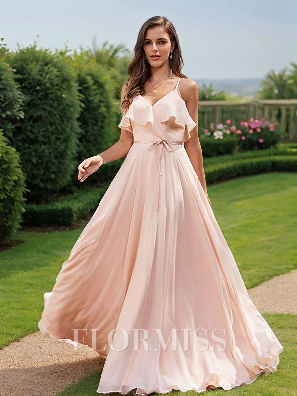 A-Line/Princess Chiffon Sash/Ribbon/Belt V-Neck Sleeveless Floor-Length Bridesmaid Dresses