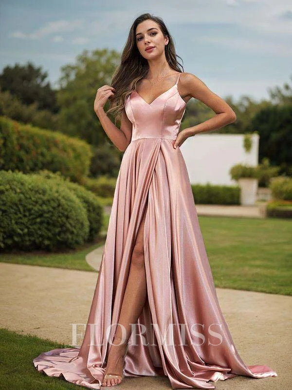 A-Line/Princess Silk like Satin Ruffles V-Neck Sleeveless Sweep Train Bridesmaid Dresses
