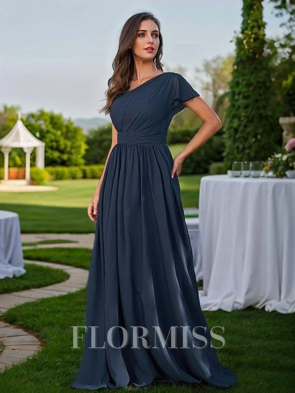 A-Line/Princess Chiffon Ruched One-Shoulder Short Sleeves Floor-Length Bridesmaid Dresses