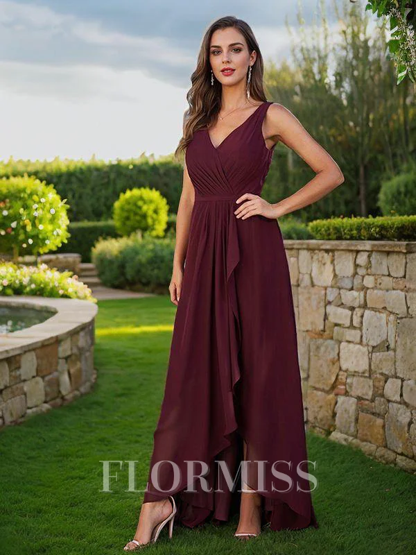 A-Line/Princess Chiffon Ruched V-Neck Sleeveless Floor-Length Bridesmaid Dresses