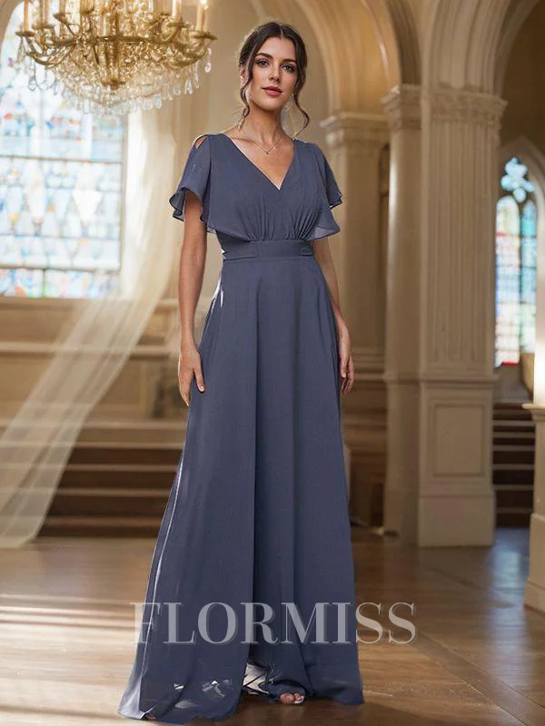 A-Line/Princess Chiffon Ruffles V-neck Short Sleeves Floor-Length Bridesmaid Dresses